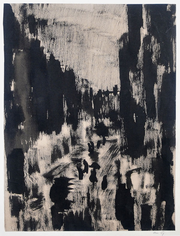 André Girard (French, 1901-1968) Street scene on a rainy day, likely a view of Paris. Ink on paper, laid down on paper, approx. 30 x 22 cm. Signed with monogram bottom rigth and signed on the reverse. Extremely fine ink drawing in style of a drypoint etching. The French artist was accomplished and well versed in the use of this media and is renowned for that type of virtuosic work.